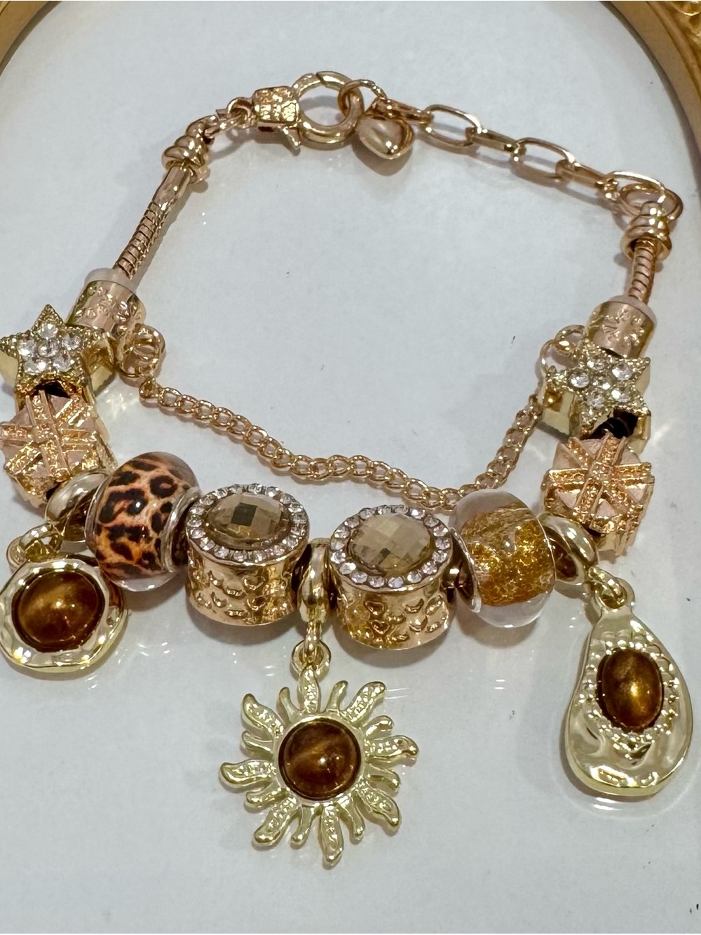 New Gold-Tone Charm Bracelet with Amber Accents and Sun Pendant